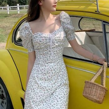 Floral Print Square-Neck Chiffon Dress