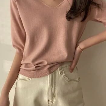 Elbow-Sleeve V-Neck Knit Top