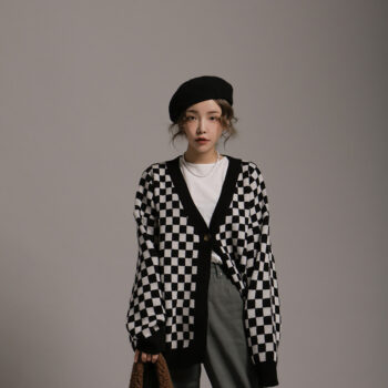 Checkered Oversized Knit Cardigan